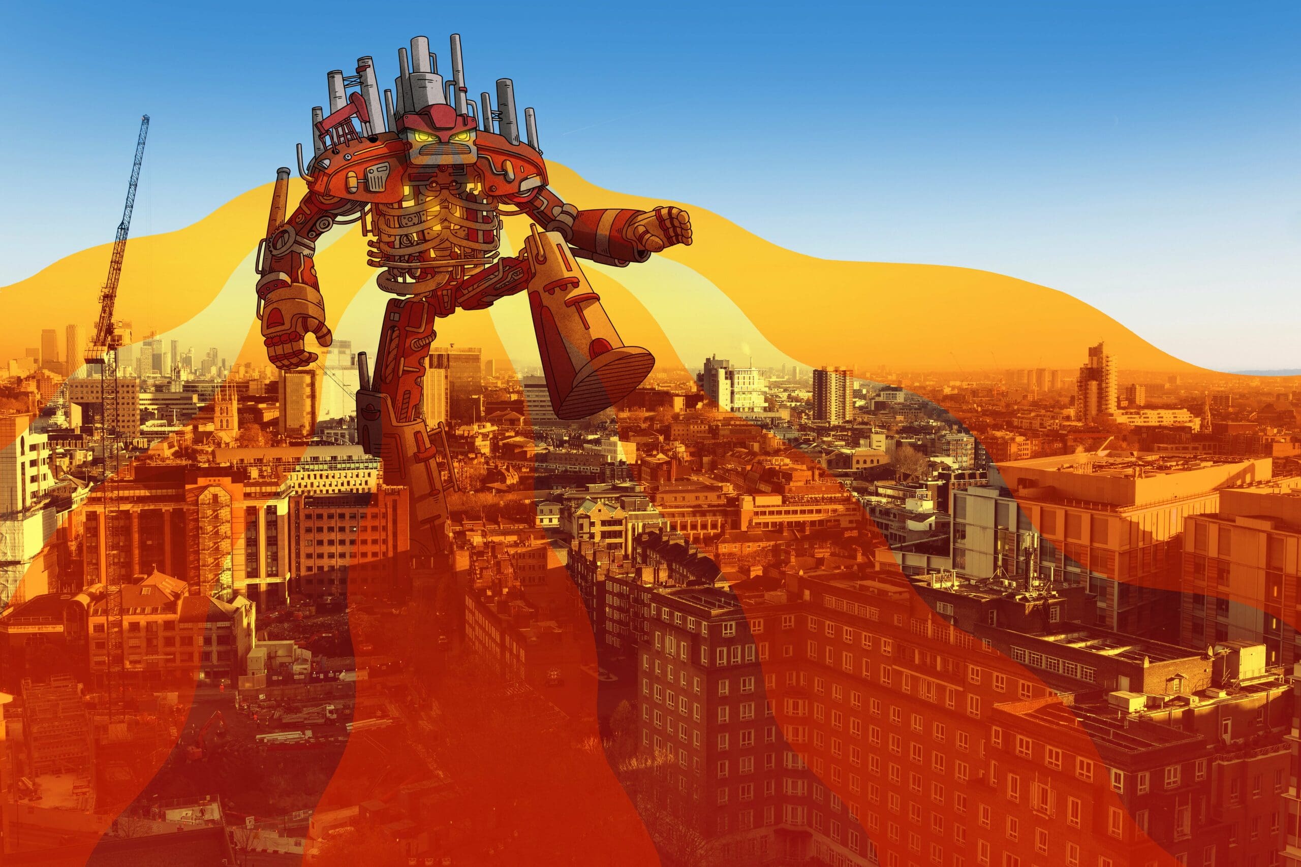 Heat Robot Over London Artwork - developed by the artists Andrew Rae and Ruskin Kyle, both UK-based. These were developed as campaign materials for Heat Action Day.